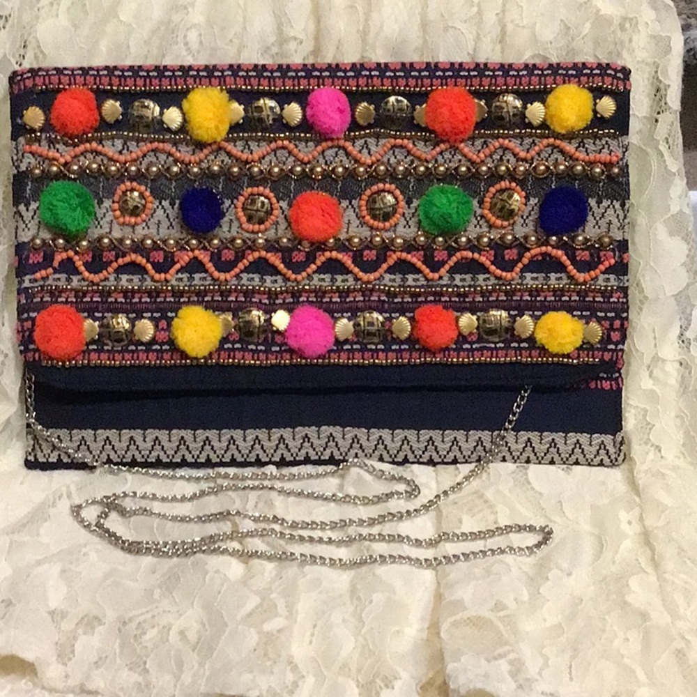 La Chic Multi Cultural Clutch w/Silver Chain Beautiful Beading - Pom-Poms  NEW